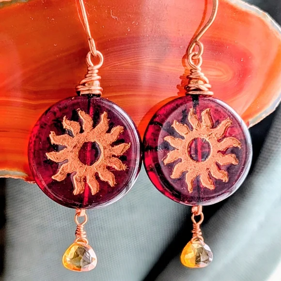 Celestial Sun Earrings Artisan Crafted Copper Wrap Congnac Citrine Drops - Picture 7 of 16